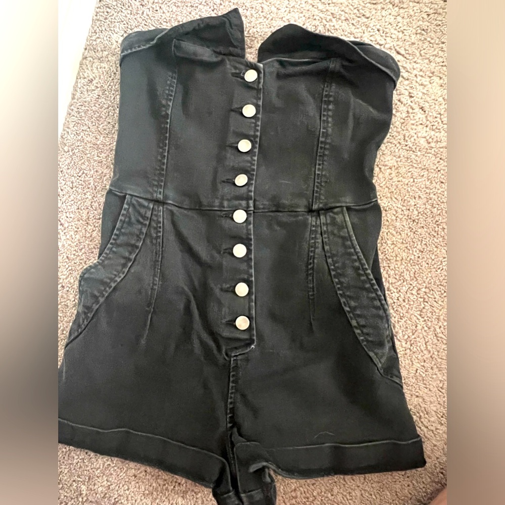 Rapscallion black denim short strapless jumpsuit, size 6